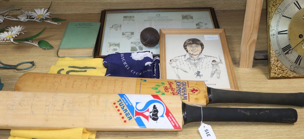 An Australia 1993 touring side signed cricket bat, a Kent 1983 cricket bat and other cricket ephemera